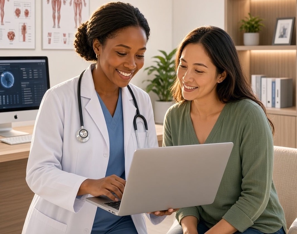 Una doctora revisa resultados de imagen en una laptop con una paciente